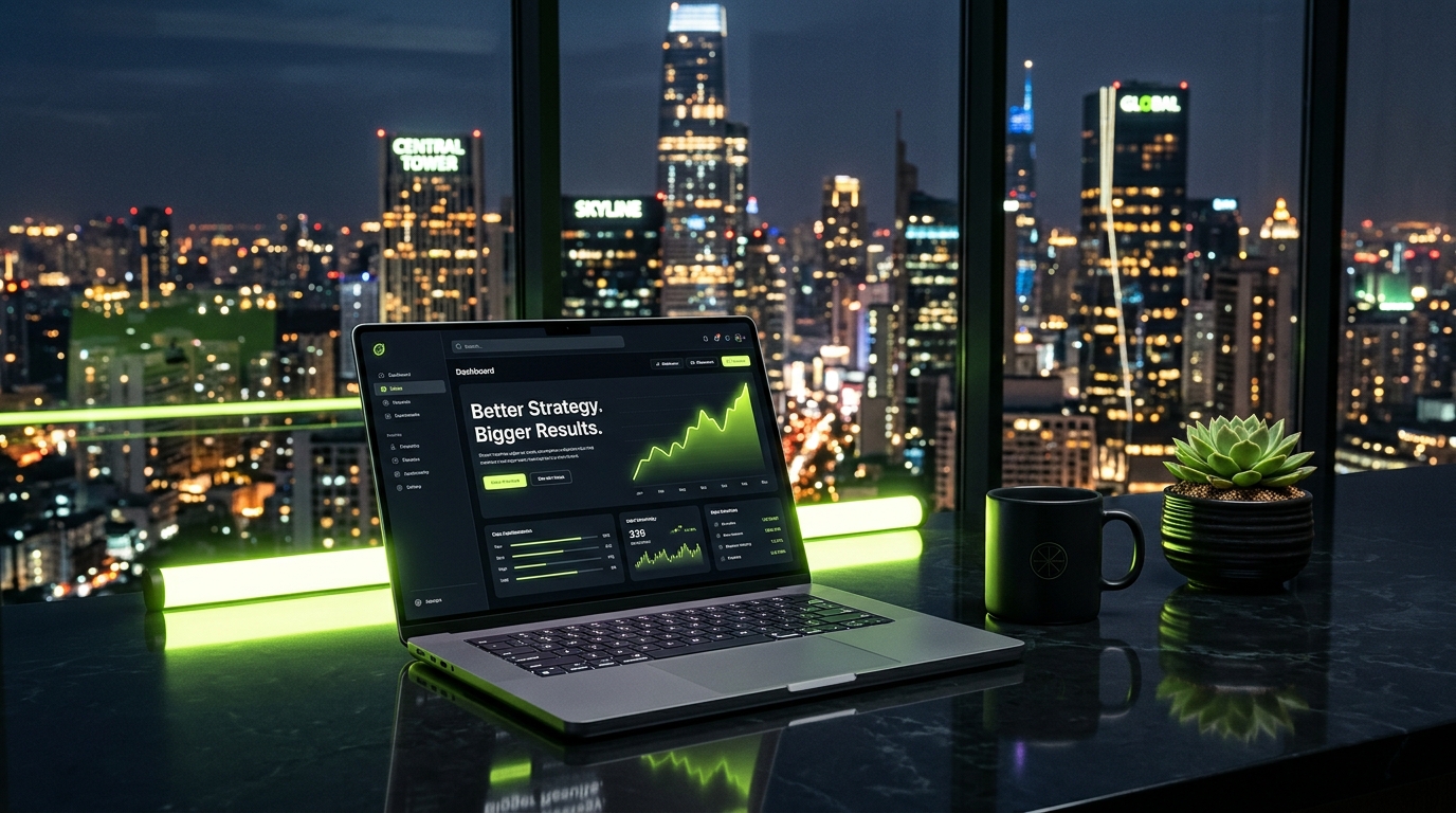 BoostMyCoin Performance Marketing Dashboard on MacBook in luxury skyline office